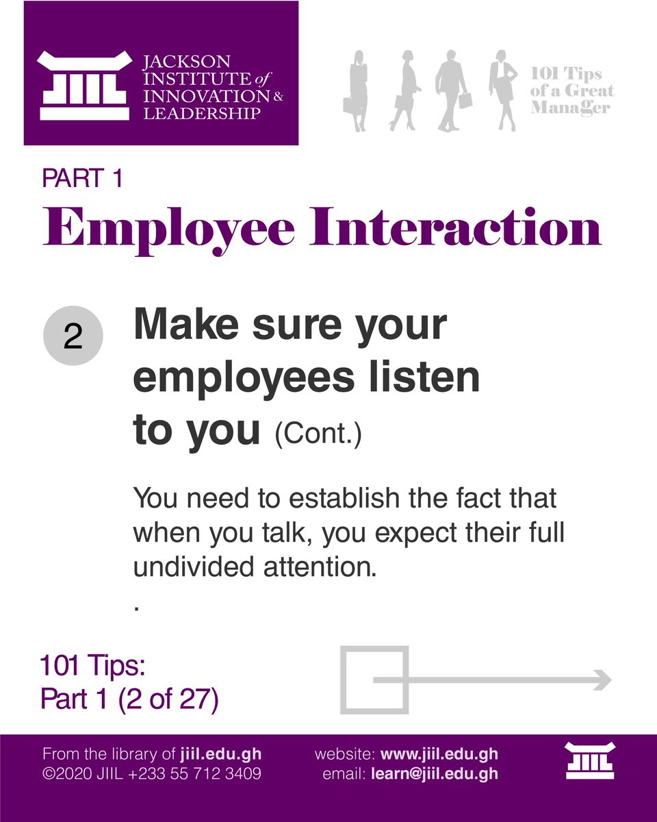 JiilEduGh's tweet image. 101 Tips of a Great Manager

#Tip2 #Slide2

#MakeSureEmployeesListenToYou

#101Tips #Manager #Employee #GreatManager #Leader #JIIL #LearnatJIIL #Interaction #employer #employers #workplace #LeadershipLessons #EmployeeEngagement