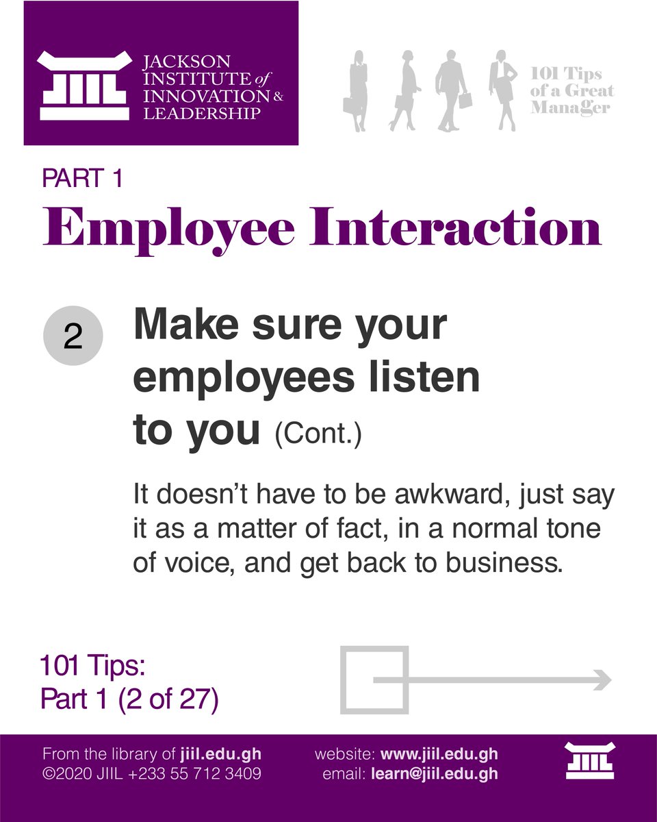 JiilEduGh's tweet photo. 101 Tips of a Great Manager
#Tip2 #Slide4
#MakeSureEmployeesListenToYou
#101Tips #Manager #Employee #GreatManager #Leader #JIIL #LearnatJIIL #Interaction #employer #employers #workplace #LeadershipLessons #EmployeeEngagement https://t.co/MdnN29jXwY