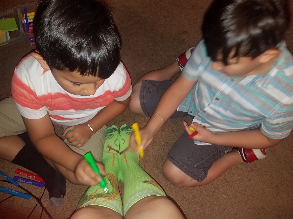 BriceidaG12's tweet photo. I had no crazy socks to wear but my boys were so happy to help me out 😊 
#VirtualSpiritWeek 
#crazysocks
#teamwork 
#zavalastarz https://t.co/i079JjjFe1