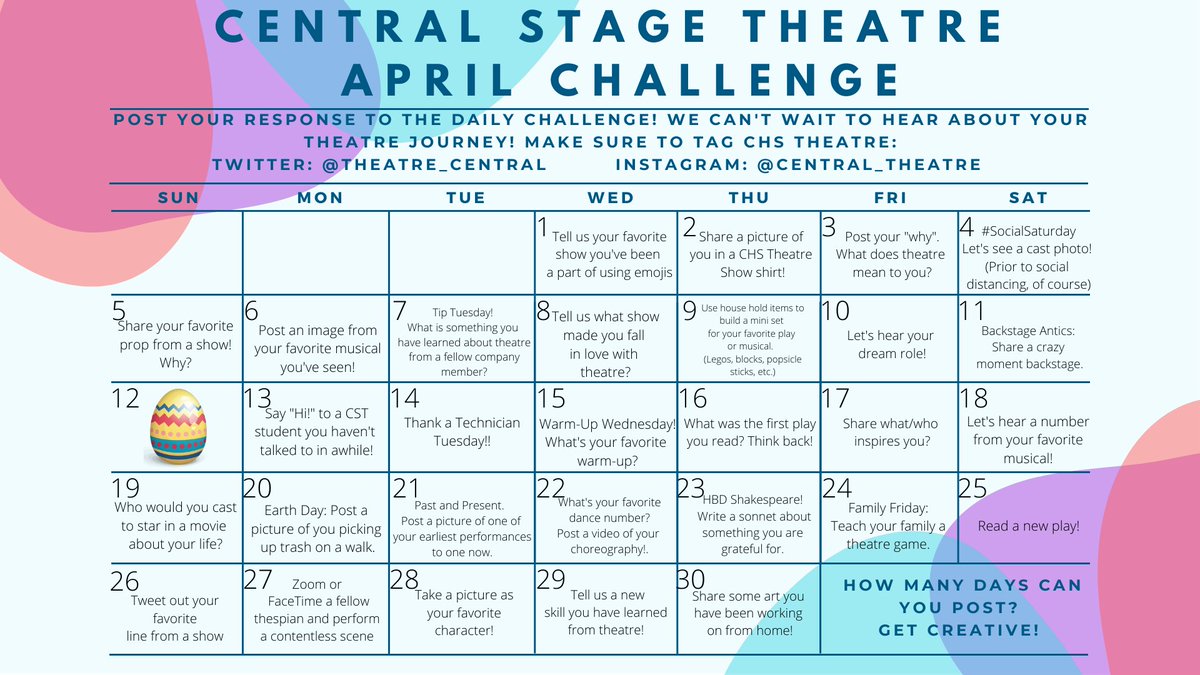theatre_central's tweet photo. Alright Central Theatre students! Let's share some theatre experiences with each other.  Complete the daily challenge and post your response on social media! Don't forget to tag us! https://t.co/2NTPAUbIgX