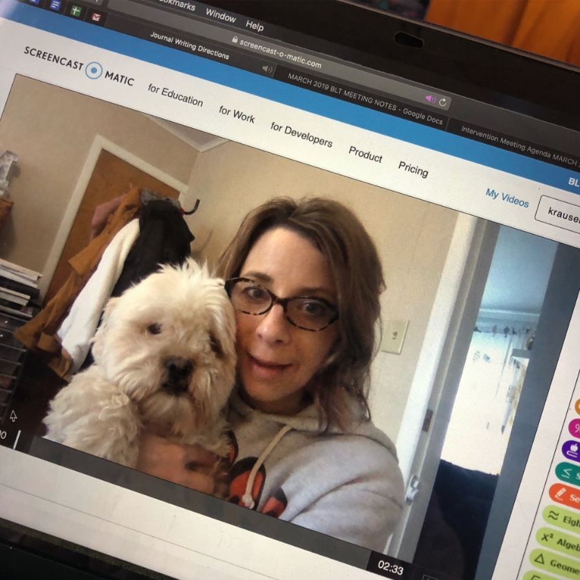 krausem19's tweet photo. @Acks_class Advice after 3 weeks of teaching remotely: 
1) Don’t watch it back 
2) Just roll with it...barking dogs and all. 
3) Just be real. They just want to see your face and hear your voice. https://t.co/iZyrSsuxMm
