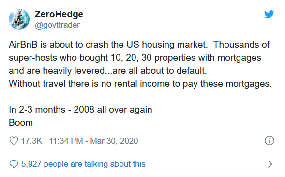 As in the last housing bubble, all sorts of shenanigans has occurred during the making of U.S. Housing Bubble 2.0. One example: over-leveraged AirBnB “super-hosts," who are now going bust. https://www.forbes.com/sites/jessecolombo/2020/03/31/why-us-housing-bubble-20-is-about-to-burst/