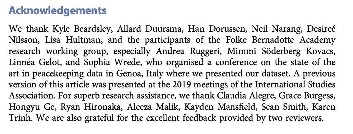 This paper and data collection effort would not have been possible without A LOT of support: @WUSTLPoliSci <a href="/UCSBPoliSci/">UCSB Political Science</a> @kcbeardsley <a href="/Dessnilsson/">Desirée Nilsson desireenilsson.bsky.social</a> <a href="/AllardDuursma/">Allard Duursma</a> <a href="/aruggeri_eu/">Andrea Ruggeri</a> @MimmiSKovacs <a href="/MelidaBeatrizJ/">Mélida Jiménez</a> <a href="/LGelot/">Linnéa Gelot</a> <a href="/FBAFolke/">FBA (Folke Bernadotte Academy)</a> <a href="/claudiavalegre/">claudia alegre</a>  and a bunch of twitter less people.