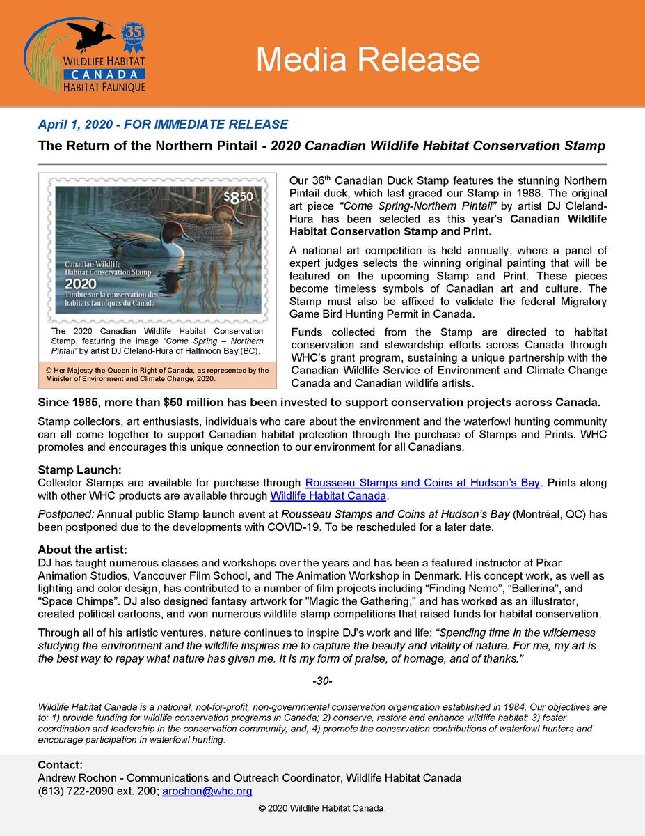 WildlifeHCanada's tweet photo. Media Release!
Feel free to share and help promote our new 2020 Canadian Wildlife Habitat Conservation Stamp!
#WHCstampmeans #conservation #Canadian #duckstamp #nature #wildlife #habitat #Canada https://t.co/OHYSmYMLP8