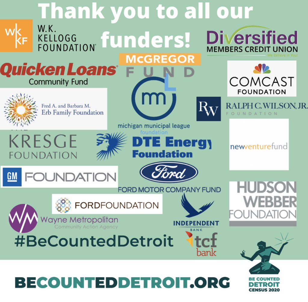 DetroitCFO's tweet photo. Thank you to all our funders who help support the #BeCounted Detroit Campaign!!! Because of you, we're working to reach every Detroiter to be counted for 2020! Let's all do our part. https://t.co/YJ8aKniDqp