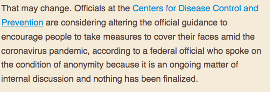 According to the Washington Post, the CDC <a href="/CDCgov/">CDC</a> are now considering altering the official guidance to encourage people to wear cloth facemasks.
washingtonpost.com/health/cdc-con…

#COVID19 #coronavirus

Here's a DIY facemask video
youtu.be/VgHrnS6n4iA