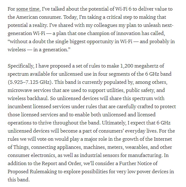 AjitPai's tweet photo. Today, I've announced my plan to make 1,200 MHz across the 6 GHz band available for unlicensed use. One #WiFi innovator has called it “without a doubt the single biggest opportunity in Wi-Fi—and probably in wireless—in a generation.” Huge consumer upside! https://t.co/z69tPUYLj0 https://t.co/H0MKDWLpPL