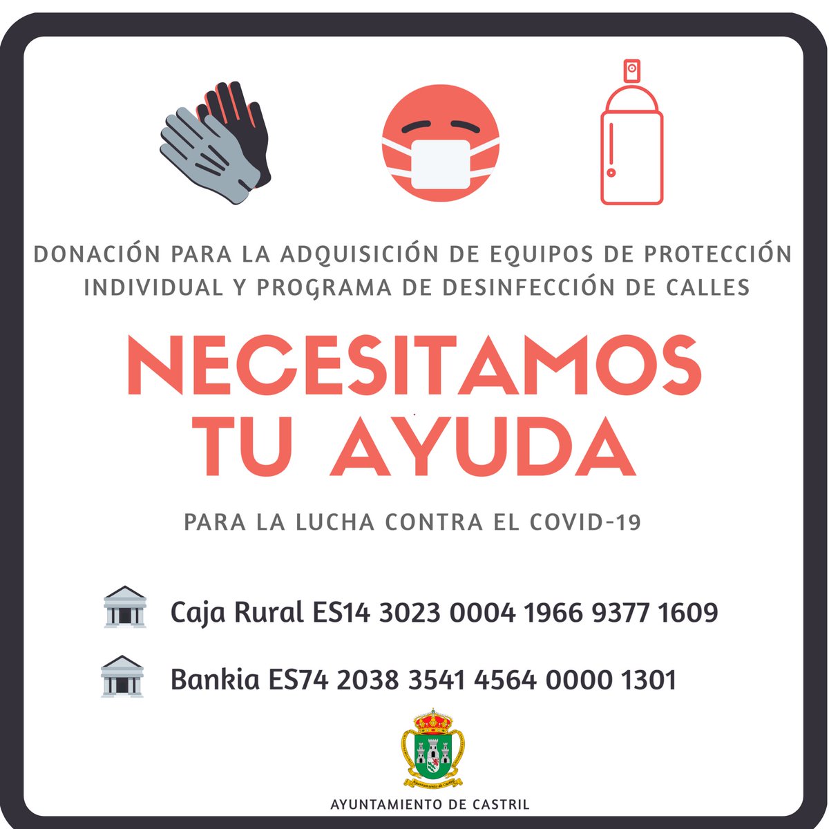 AytoCastril's tweet photo. #CombatiendoElVirus 🦠|@ATUCCAS se suma a la iniciativa, aportando 500€ para la adquisición de #EPIs y productos desinfectantes para el plan municipal de acción contra el #COVID19. 

Gracias 🙏🏼 a todos por vuestra colaboración.

¡Juntos somos más fuertes! ¡Lo lograremos! https://t.co/NbmQ6mlBAC