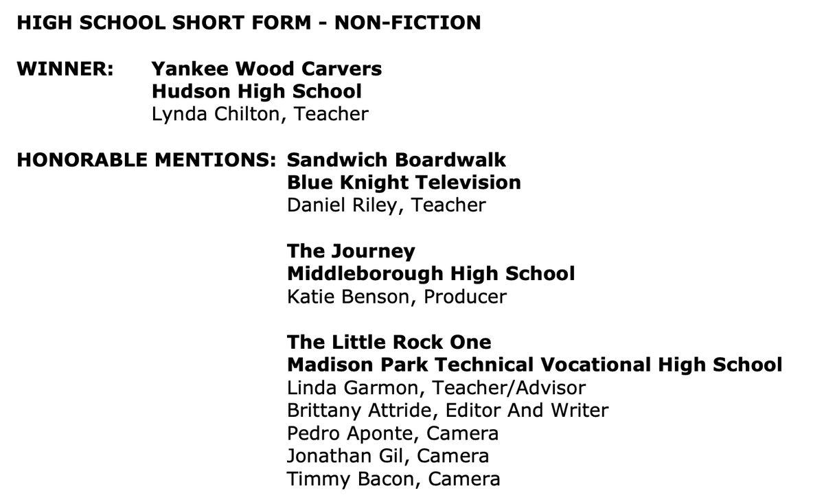 Middleboroughtv's tweet photo. Congrats to Katie Benson for receiving honorable mention in the Short Form Non-Fiction category at the Student Production Awards for her documentary "The Journey"! about the 1st female to play varsity football at MHS.
Watch here: https://t.co/gbIjr0sBcl
@MiddleboroAD @SachemHome https://t.co/ojwsCiAKLZ