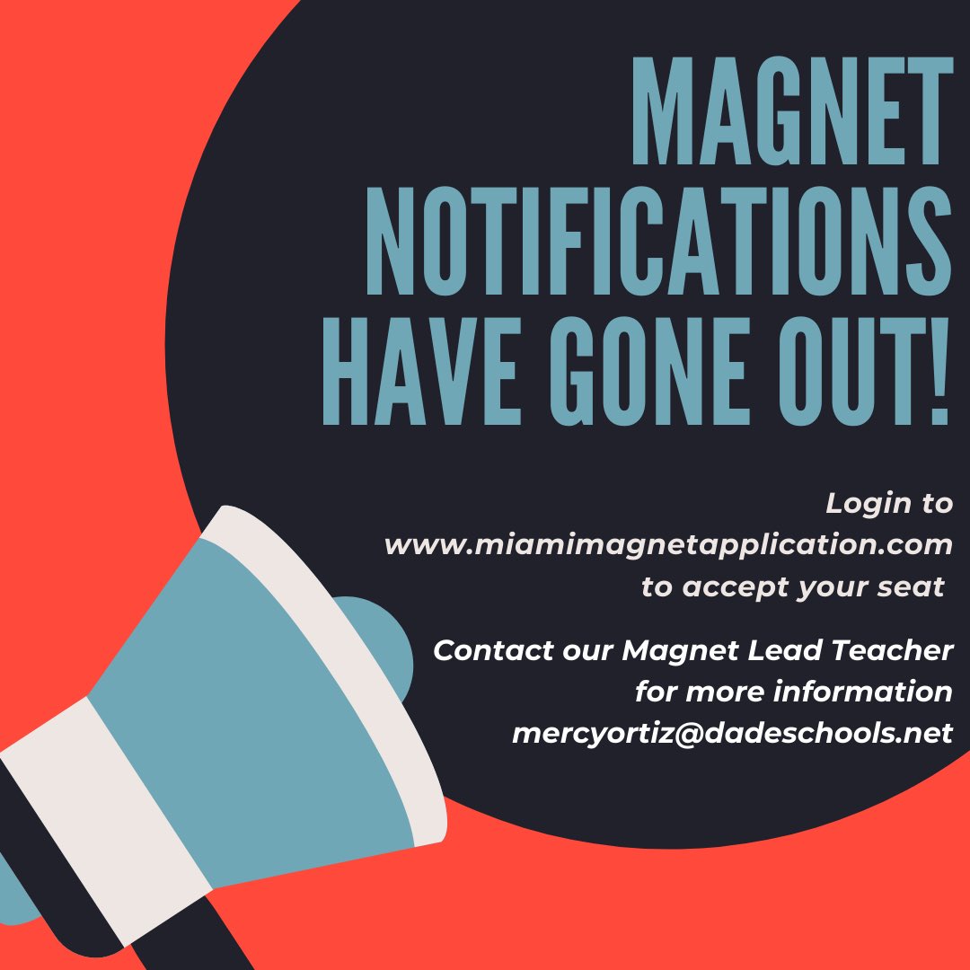 SpartanMagnet's tweet image. Attention Future Spartans: Magnet Notifications are out! Make sure to accept your seat at  miamimagnetapplication.com or contact mercyortiz@dadeschools.net
#APCapstone
#BusinessInnovationManagement
#CodingAppDevelopment
#GamingDesignAnimation
#CriminalJustice