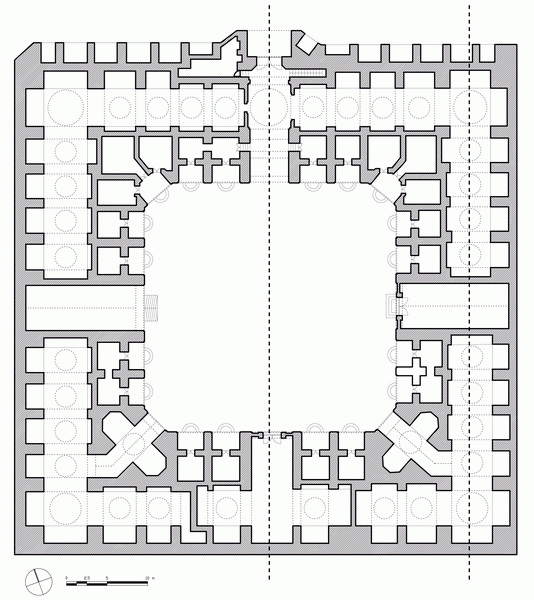 A Safavid caravanserai plan."Caravanserai" comes from the Persian word kārvānsarāy (کاروانسرای), which combines kārvān ("caravan") with sarāy ("palace", "home"). A caravanserai was a roadside inn where travelers (caravaners) could rest and recover from the day's journey.