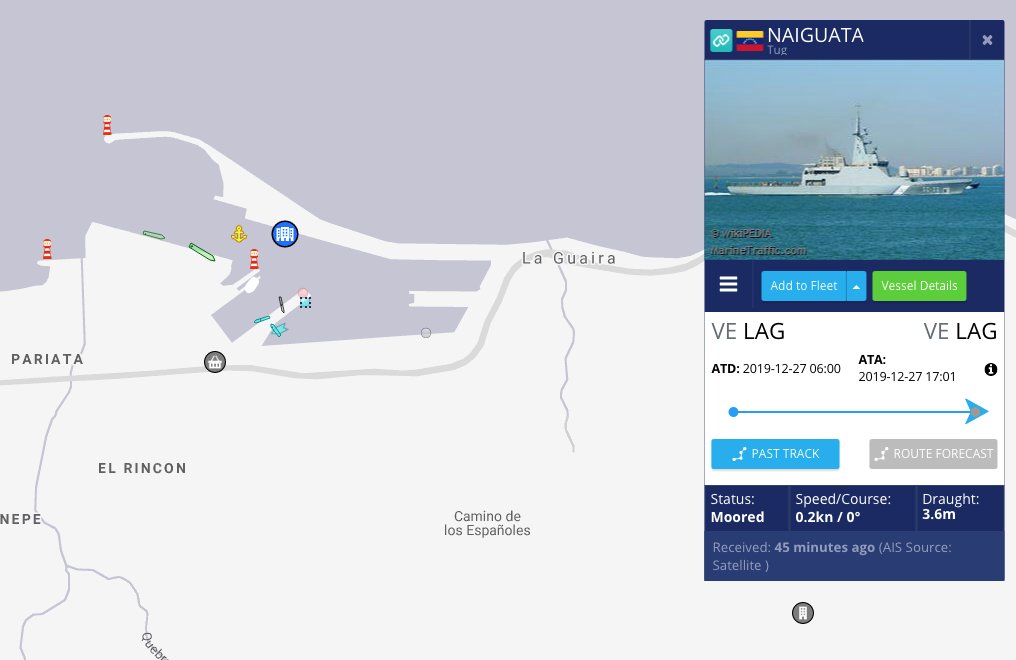 Before it became obvious that they would not be able to hide the sinking of the Naiguana the regime had the AIS transponder from one of the tug boats in La Guaira harbour changed to match the Naiguana, making it appear as if she was in port and not sunk 180 meters underwater. 