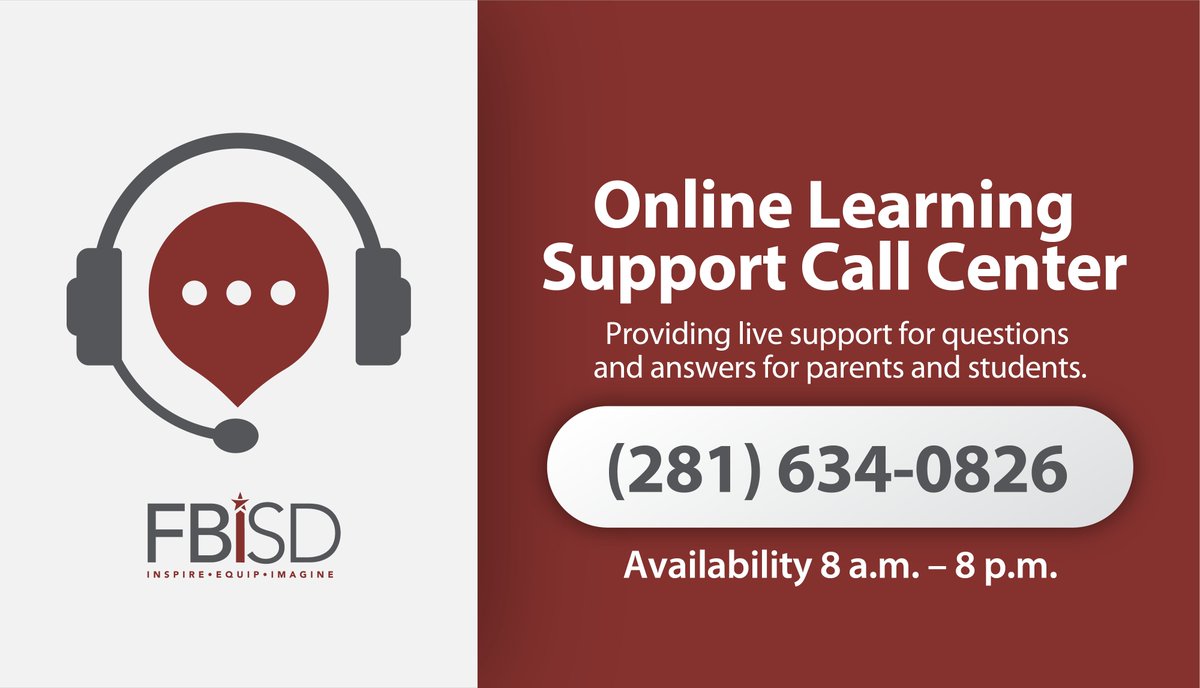 FortBendISD's tweet photo. An Online Learning Support Call Center has been established to aid parents in guiding their students through online instruction. 

The Center will be open from 8 a.m. to 8 p.m., and can be contacted at (281) 634-0826. https://t.co/4cLgTBhN93