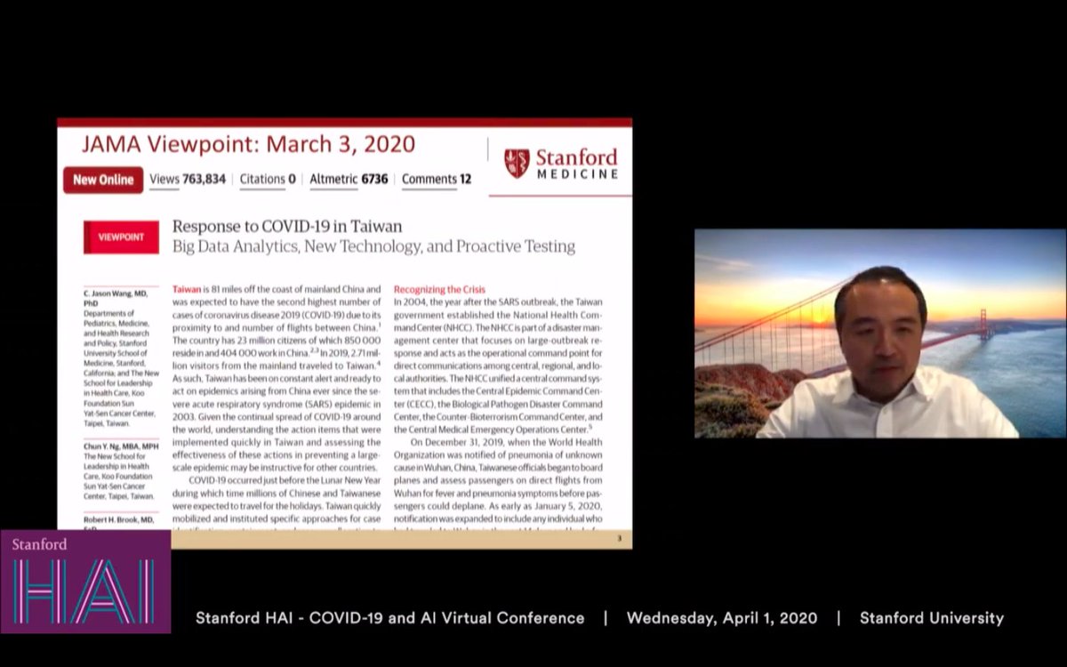 StanfordHAI's tweet photo. As countries move to control the spread of COVID-19, Jason Wang explores how Taiwan has used data analytics in case detection, contact tracing, isolation of cases and quarantines of exposed individuals. Watch live. https://t.co/jShP5PH9Lx https://t.co/771q7pvsJN