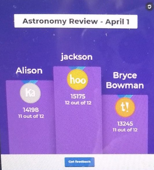 Congratulations to Jackson, the winner of this week’s LIVE #Kahoot through Schoology conferences!  We were so happy to interact with all of you, even if it was virtually. Keep your eyes peeled for the next LIVE Kahoot to be posted next week!  <a href="/GHMSBuckskins/">HueskenMS</a> <a href="/CVSciTech/">CVSciTech</a>