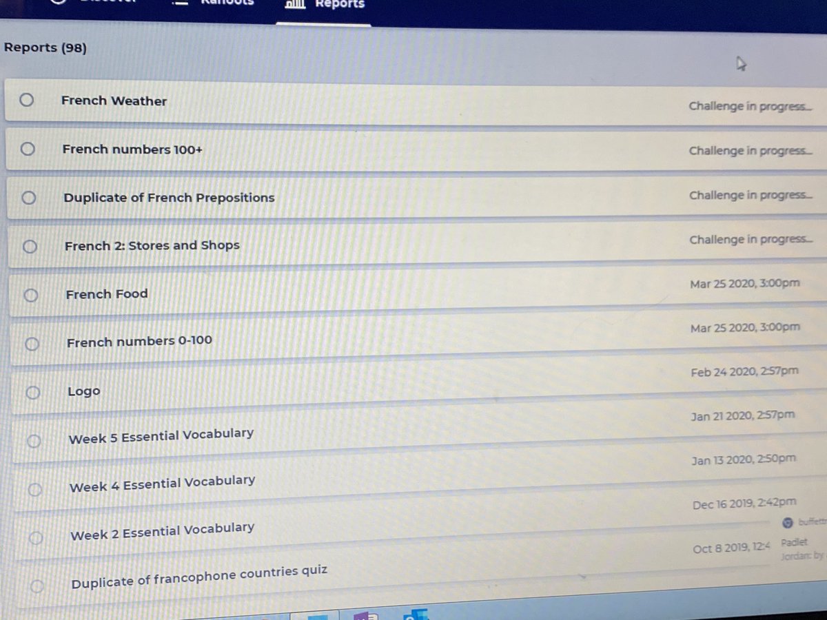 Playing Kahoot to review our French, for fun, while we chat on Padlet. I miss my students so much- we had some good laughs today. #WeAreBuffett @BuffettMagnet
