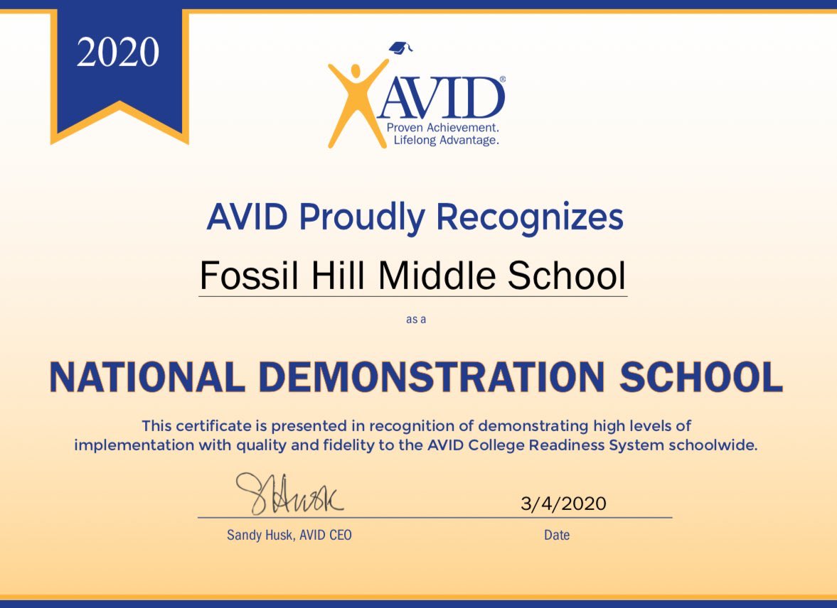 IT’S OFFICIAL!!!  <a href="/Fossil_Hill/">Fossil Hill</a> is now an AVID NATIONAL DEMONSTRATION SCHOOL!!!! #HillStrong