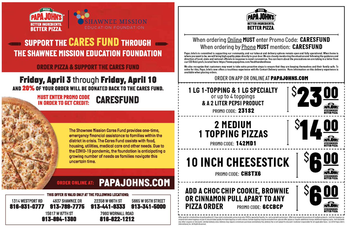 SM_Hinkle's tweet photo. Who wants to eat pizza while helping the Cares Fund? I do!  Use the code: CARESFUND when ordering! Thanks @PapaJohns_KC  Help us spread the word!! @SMEOffice @SMWestOffice @SMNindians @SMSouthTDain @smnw_office @thesmef @theSMSD @SMAC_PTA https://t.co/0DmSwfEZqW