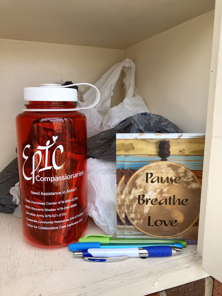 epic_compassion's tweet photo. One way to help our homeless brothers and sisters is to stock the Little Free Pantries. I put a Care Capsule, bags, stamped postcards, and pens in three popular pantries. Helpful resources are printed on each bottle and are filled with food. #epiccompassion @ExpFayetteville #nwa https://t.co/jDNg1ihigy