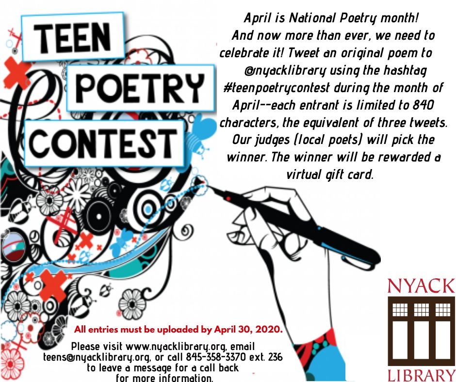 nyacklibrary's tweet photo. Calling all teen poets!  Enter our Twitter poetry contest! https://t.co/RFK8U3SUAb