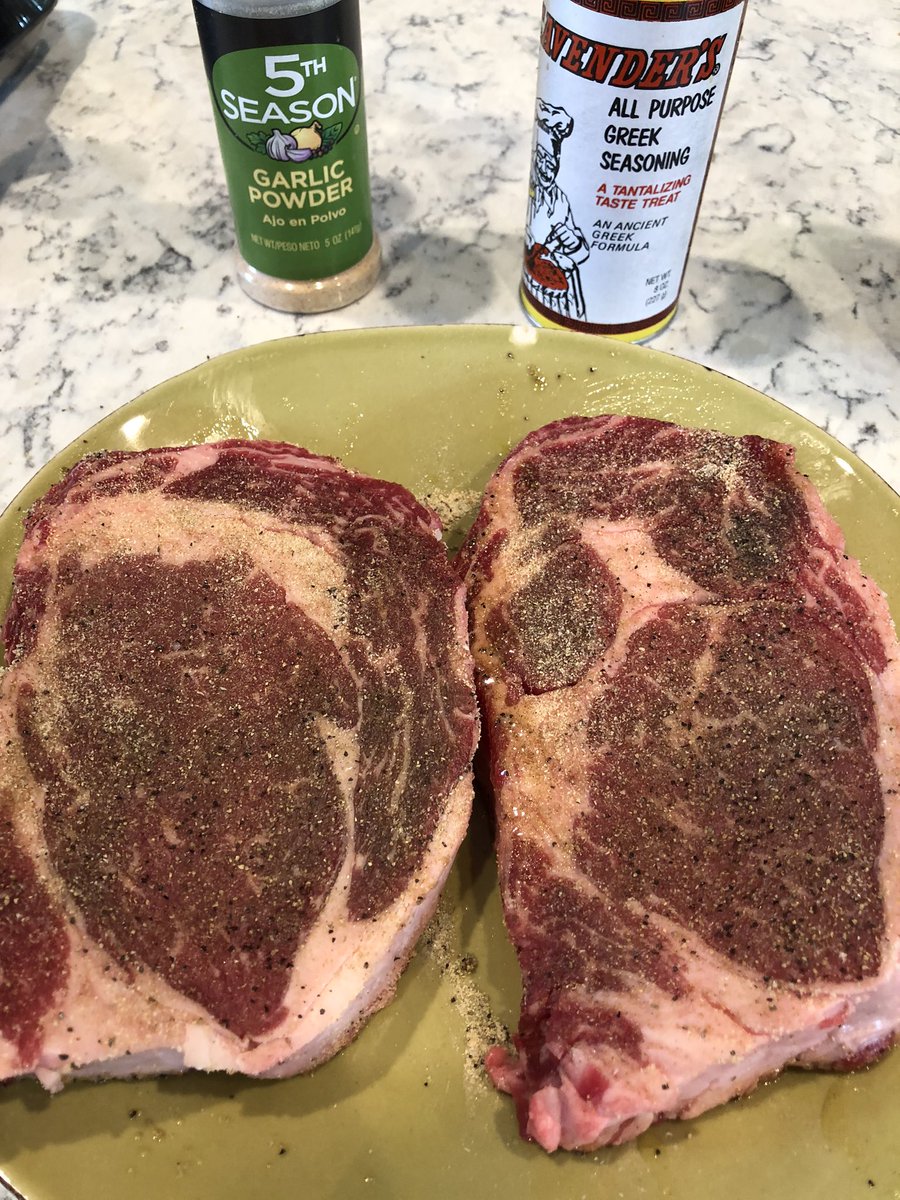 BlindGuysGrill's tweet photo. Who wants a #Ribeye tonight? These are two cheap #steaks from @kroger but they look great. A little garlic powder and Greek seasoning and they’ll be ready for the grill. Stay tuned for the final product https://t.co/wT8Sxp2LOi