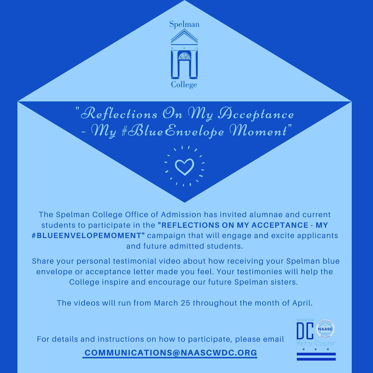 Reflections on My Acceptance - My #BlueEnvelopeMoment. Calling all #spelmanalumnae! Share your video about how Spelman’s #blueenvelope changed your life! #naascdcmetro #spelmandmv #naascwdc #spelmanalumna #spelmancollege #collegeacceptance #hbcu