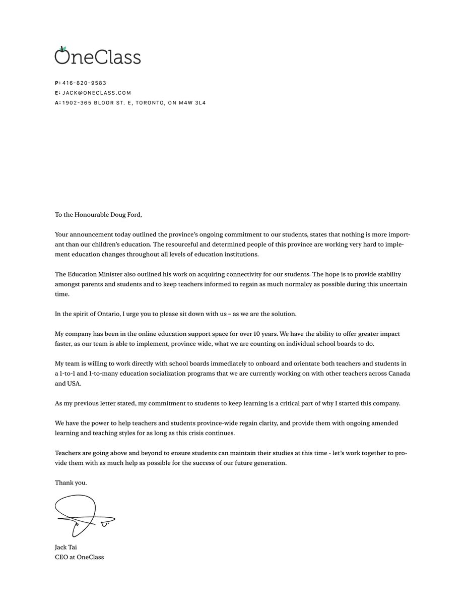jacktiantai's tweet photo. We want to help the Government of Ontario get students learning, and give teachers an easy way to keep them on track. @oneclass has appealed to @fordnation and @sflecce to make this happen #onpoli #onted https://t.co/OX1OmFQO0U