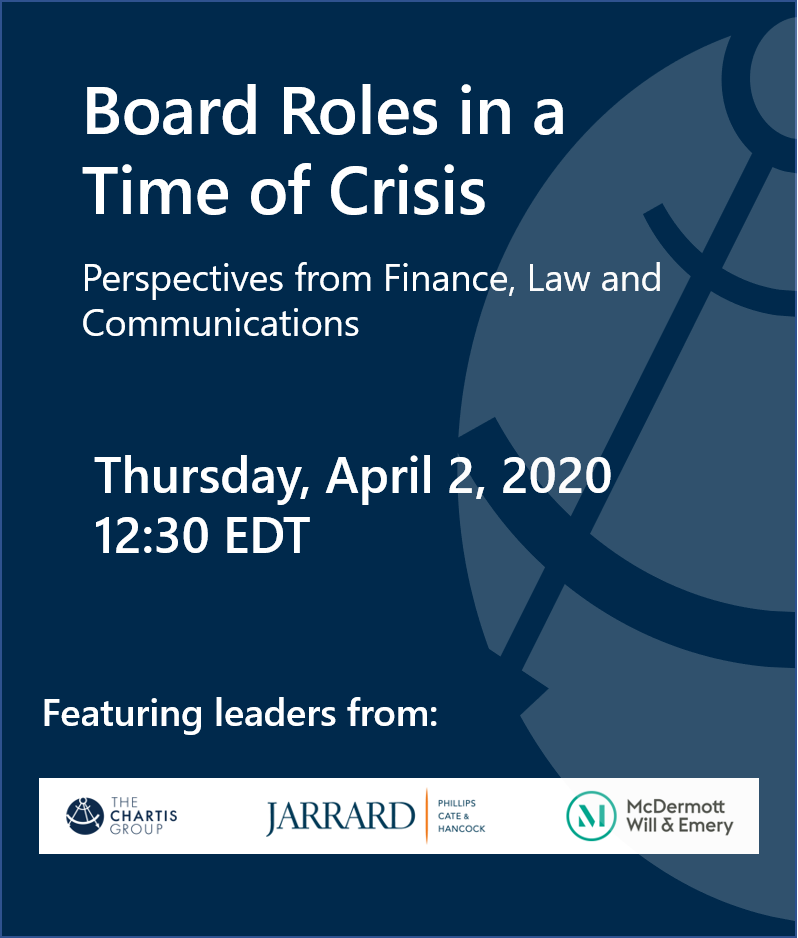 TheChartisGroup's tweet photo. Join @JarrardInc, @McDermottLaw and The Chartis Group for our upcoming webinar focused on helping board members cut through the noise and focus on the important COVID-19 issues. Register here: https://t.co/iyFn2ZZWYn #Covid19 #finance #strategiccommunications #legal https://t.co/rVzLym8g7g