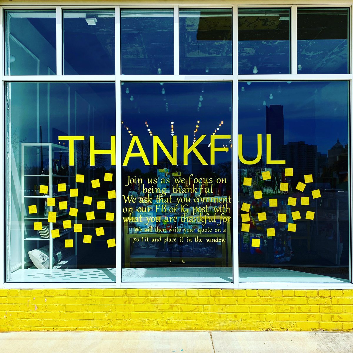Join us as we focus on being thankful {plus staying home, washing our hands, &amp; social distancing}. Let us know what you are thankful for by commenting below. We will then write your comment on a post it and place it in the window. Let’s turn this window yellow!!