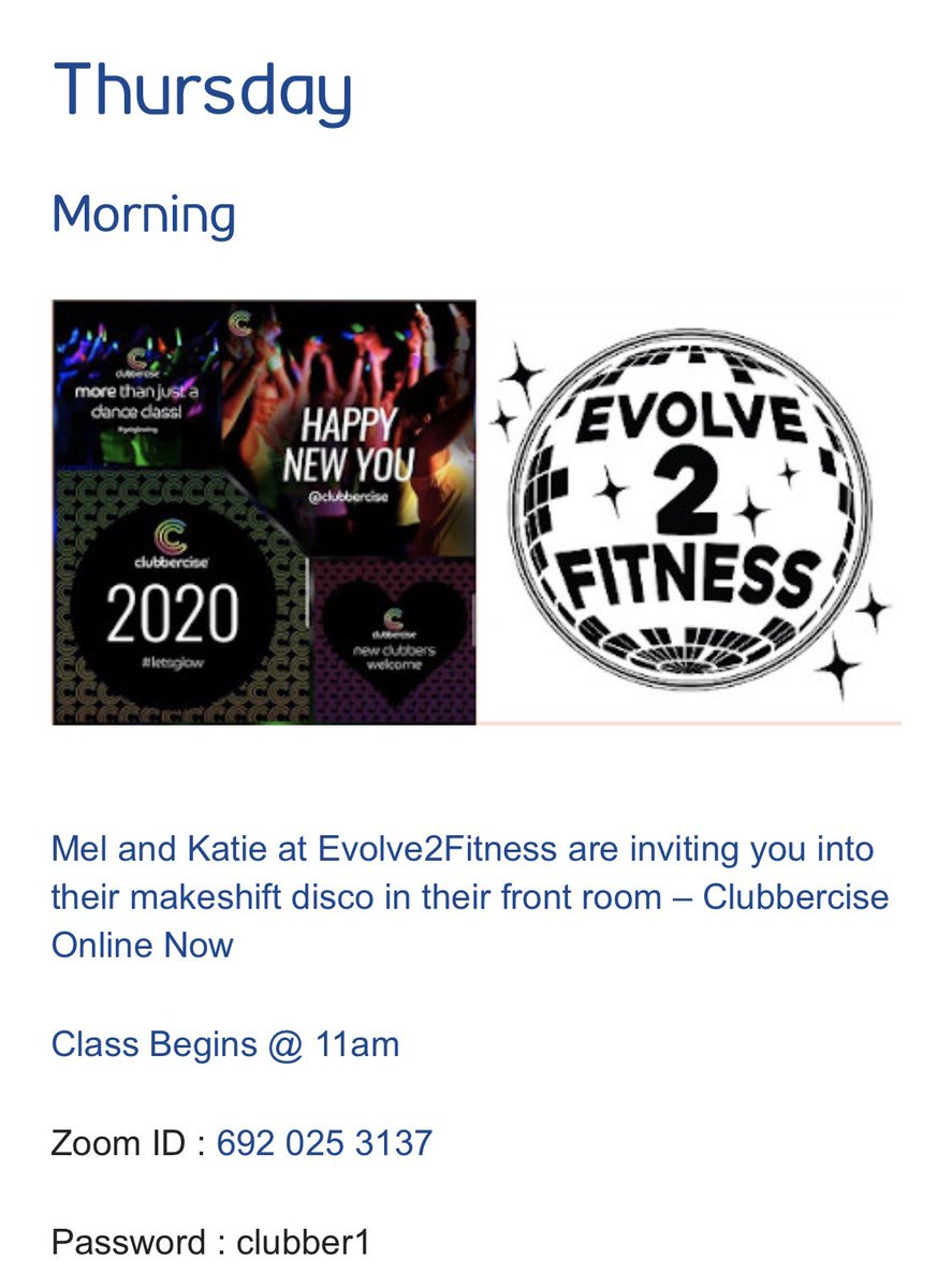Tomorrow morning with Mel &amp; Katie !

Clubbercise - 45 minutes of exercise in your own front room !

To help us see how many will be signing up please give us a 👍🏻 below ....

Starts at 11am Thursday !