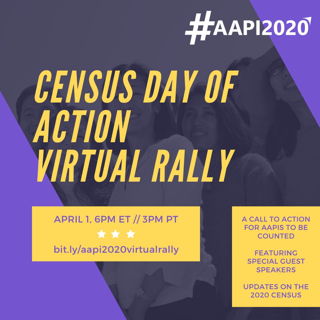 NCAPAtweets's tweet photo. Census Day of Action is not over just yet- join us TODAY at 6PM ET / 3PM PT for a Virtual Census Rally & find out how YOU can take action to get everyone counted: https://t.co/PqJRMkru6N
#AAPI2020 #CountUsIn https://t.co/weQO8aDJ1D