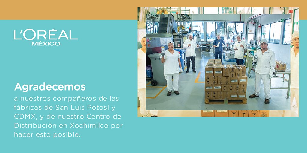 lorealmexico's tweet photo. Las 2 plantas de @LOreal en México 🇲🇽 iniciaron la fabricación de gel anti bacterial. Esta producción es 100% para donación. Comenzamos con hospitales y transporte público.
También entregaremos este producto a colaboradores, proveedores, clientes y ONGs.
#Quédateencasa #Cuídate https://t.co/m4GbhBz2qh