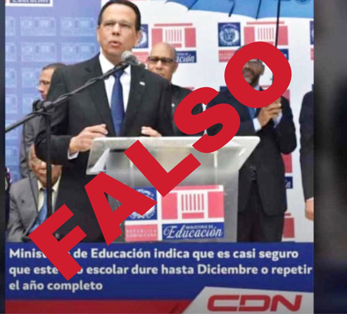 EducacionRDo's tweet photo. 📣 IMPORTANTE 

Ministerio de #EducaciónRDo desmiente información que circula en redes sociales sobre supuesta extensión del periodo escolar, o cualquier otro dato que no haya sido suministrado por fuentes oficiales del #MINERD.

#DileNoALasNoticiasFalsas https://t.co/Qwbs19ICQW