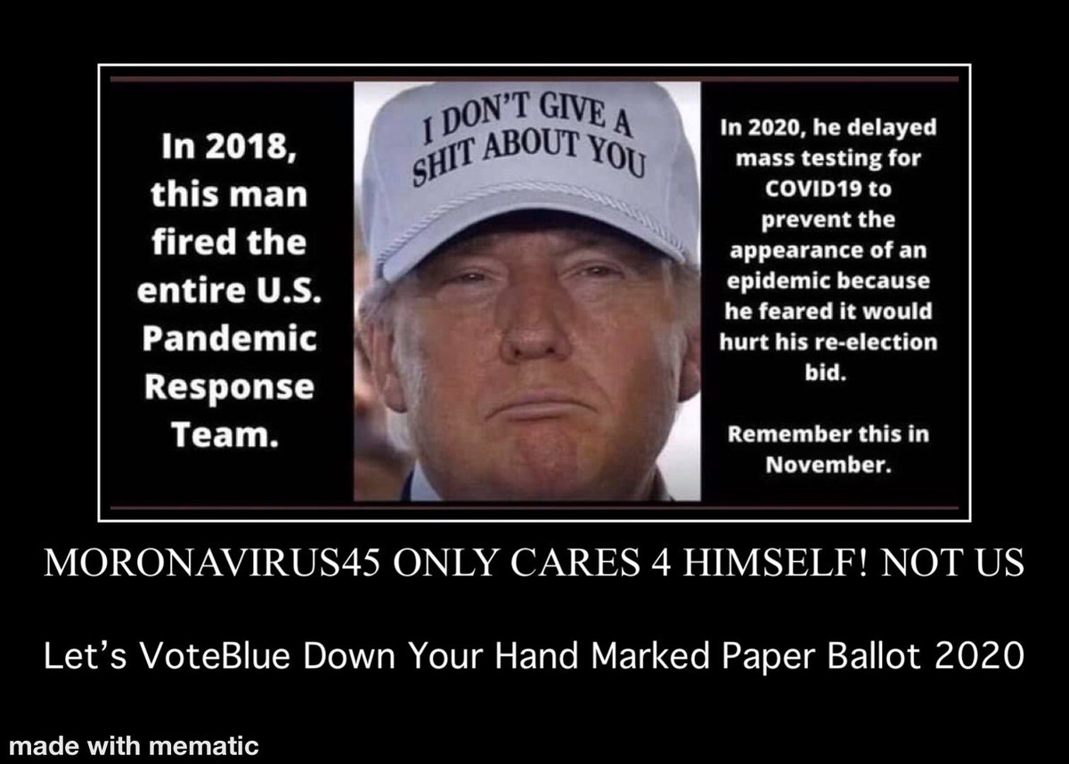 WilliamFPeters2's tweet photo. @Samiknowsbest1 @michelle_spenc @Roseymelhill @BrendaBalazs @RENEEWEATHERS2 @Cdubey_Texas @GulliAz @gr8fulchik @OzenRhoda @HalmMary @CarlyJA22 @Gr3Te4rights @sergeivote @RadarResist @SizzleBeauty @Wipapa5 @crzyfkinworld @doxie53 @SadieTNResist @victorkhoshoob @CJ_isnowblue @NAudrey_ST @spacecowgirl915 @RexThomresist45 @politicalnative @jp_wethepeople @jidreamof Thank you Sami๐ฅฐ๐ฅฐ๐๐
#StayHomeStaySafe now that the #MoronAVirus45 realized he screwed up by doing nothing for two months..the knucklehead thinks if we have 100,000 to 240,000 deaths he wins?
#MoronAVirus45
#StayingHomeWithABuzz
#VoteBlueNov3rd
Take any u like yโall๐๐ https://t.co/hNhHSHkHBS