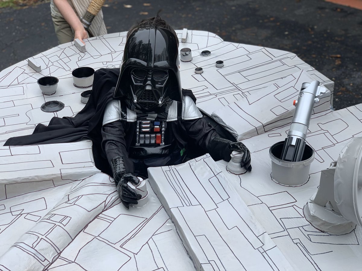 Jacqie5's tweet photo. #SomeGoodNews I made my son the Millennium Falcon for his 4th birthday this Friday out of things I found around the house. I plan on walking him around the neighborhood so people can wave from their houses. https://t.co/i8ggiD3a2s