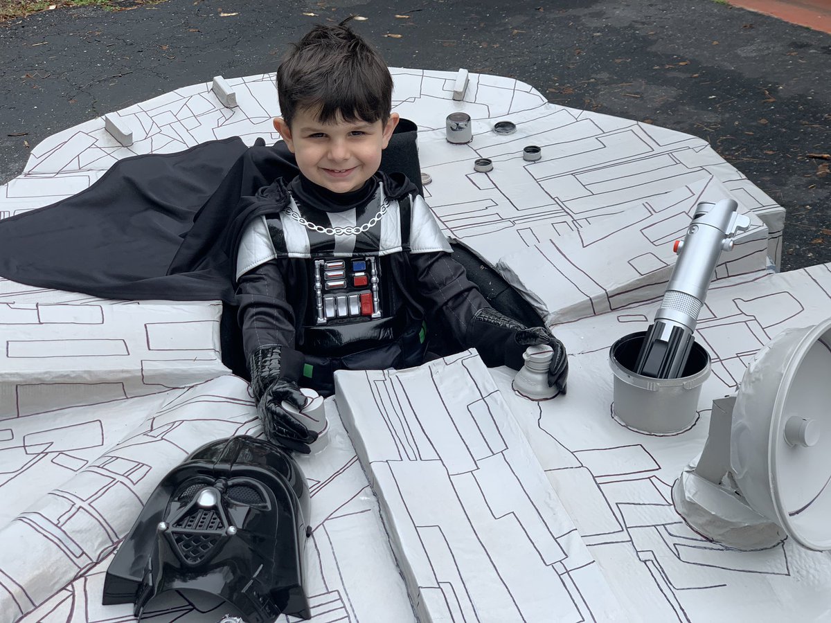 Jacqie5's tweet photo. #SomeGoodNews I made my son the Millennium Falcon for his 4th birthday this Friday out of things I found around the house. I plan on walking him around the neighborhood so people can wave from their houses. https://t.co/i8ggiD3a2s