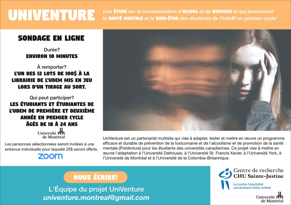 ConrodVLab's tweet photo. Projet de recherche UniVenture
Étudiants de premier cycle universitaire de l’UdeM dont l’âge est compris entre 18 et 24 ans. 
Compléter notre questionnaire et vous aurez la chance de gagner l'un des 12 bons de 100 $ à la librairie UdeM. https://t.co/i1lL09v4xi https://t.co/IhHV2kbCzs
