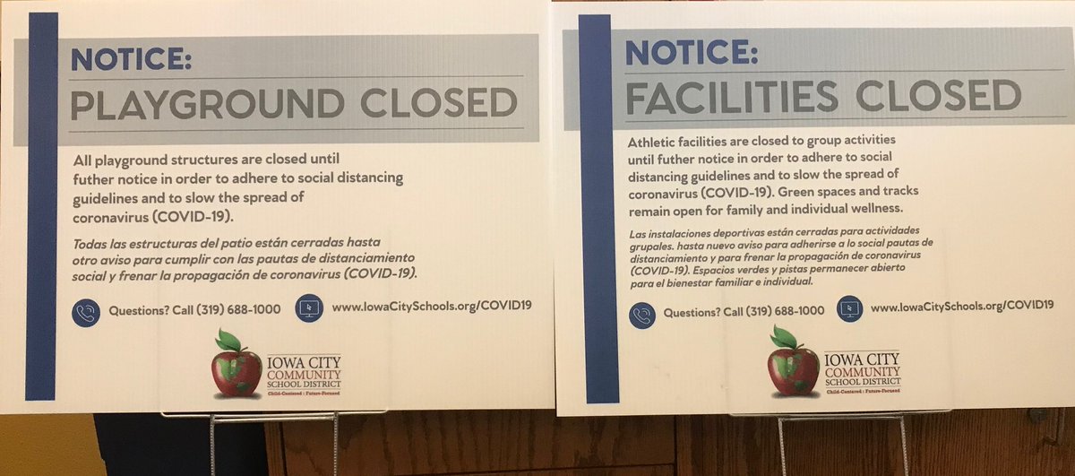 OPS_ICCSD's tweet photo. @iowacityschools supports families getting outside and enjoying community green spaces (while practicing appropriate social distancing). However, we are also committed to helping slow the spread of COVID-19. As such these signs are being placed at schools #ICCSDtogether #staywell https://t.co/Tzf2FUqKRj