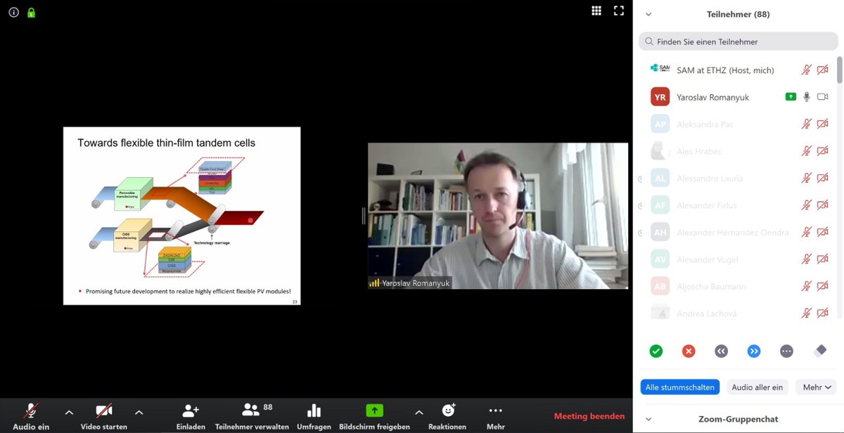 SAM_at_ETH's tweet photo. We thank Yaroslav Romanyuk for the interesting talk on high efficiency thin-film solar cells and his flexibility to give his #MaterialsColloquium talk virtually! We are very happy so many people called in today to join! #ETHgoingVirtual #ETH_materials https://t.co/8wnHUVCT38