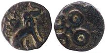 2. Satkarni - I ( C. 70 BCE )King of Satvahanas, seems to have taken away Malwa from the Sungas.His Nanghet inscription, dated to between 70 - 60 BCE, indicates that he performed two Ashvamedha rituals.Image of coin of Satkarni - I, and Naneghat inscription, respectively.
