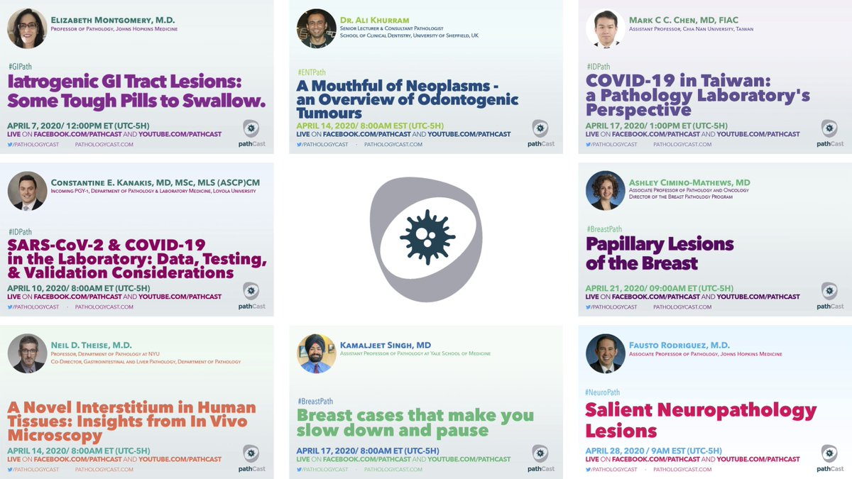 pathologyCast's tweet photo. 📢 APRIL #pathCast 📢
1) 4/7 - #GIPATH
2) 4/10 - #COVID19
3) 4/14 - #IVMPATH
4) 4/14 - #ENTPATH
5) 4/17 - #BREASTPATH
6) 4/17 - #COVID19 in 🇹🇼
7) 4/21 - #BREASTPATH
8) 4/28 - #NEUROPATH
All lectures
🔹Live/on-demand @Facebook & @YouTube
🔹No registration required
🔹Always FREE https://t.co/N0hfiWq3IF