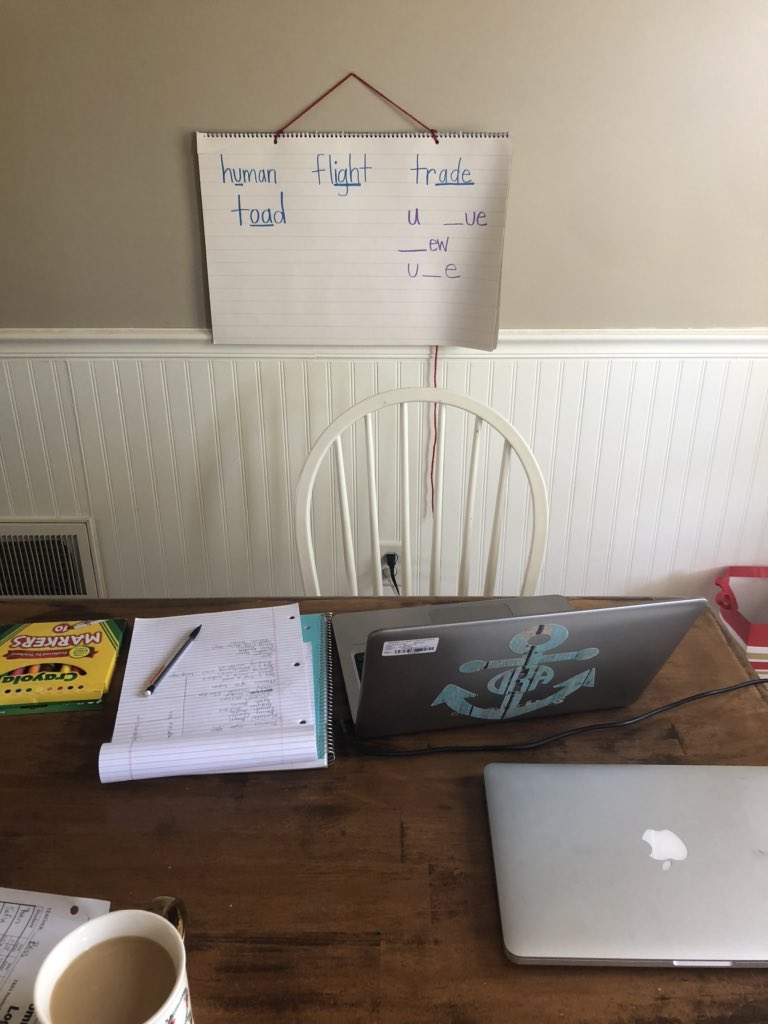 TibbsTeaching's tweet image. @ITS_HCS Day 3 challenge: How is your remote learning space set up? Here’s a picture of my current workspace! Dining room transformed to mini classroom! #HopIntoSpringBreakHCS #WCEWallabyWay #RemoteLearningInHenry