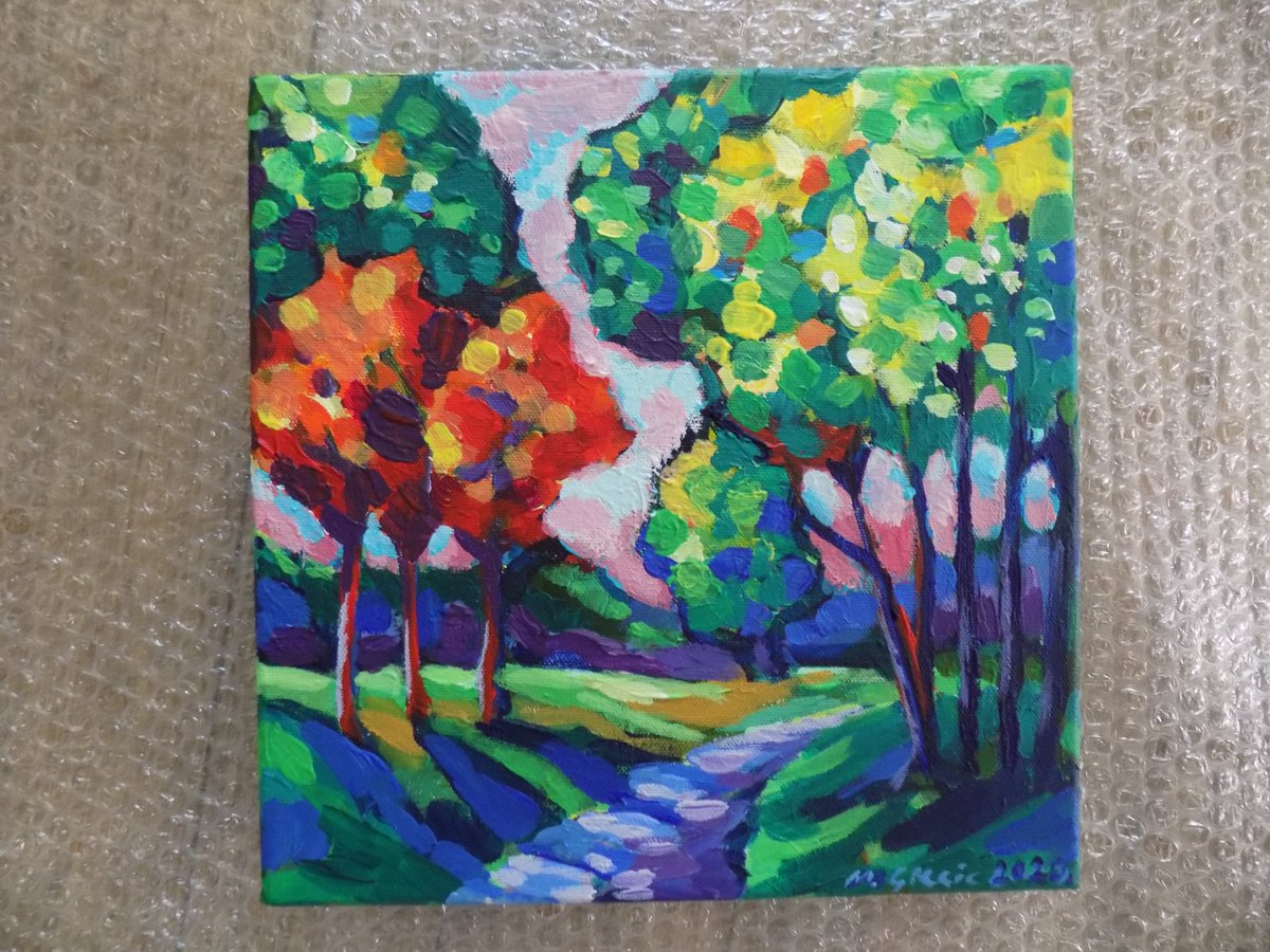 MajaGrecic's tweet photo. "Late afternoon in the park" is making it's way today to North Middlesex University Hospital in London as part of #Arfinder #artists donation for a wellbeing room for their NHS staff. #artforhospitals @NorthMidnhs @WeAreNorthMid https://t.co/UCXzR6N6Sq