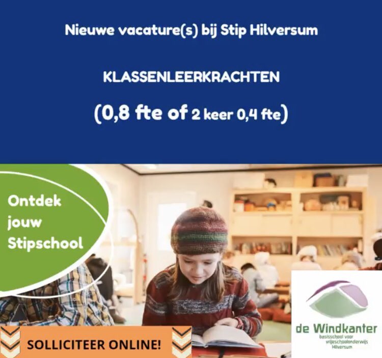 Basisschool De Windkanter voor vrijeschoolonderwijs zoekt wegens groei van de school voor volgend schooljaar nieuwe leerkrachten. Interesse? Kijk op facebook.com/65260108809802…
#vacature #vrijeschool #Hilversum <a href="/vrijescholen/">Vrijescholen</a>