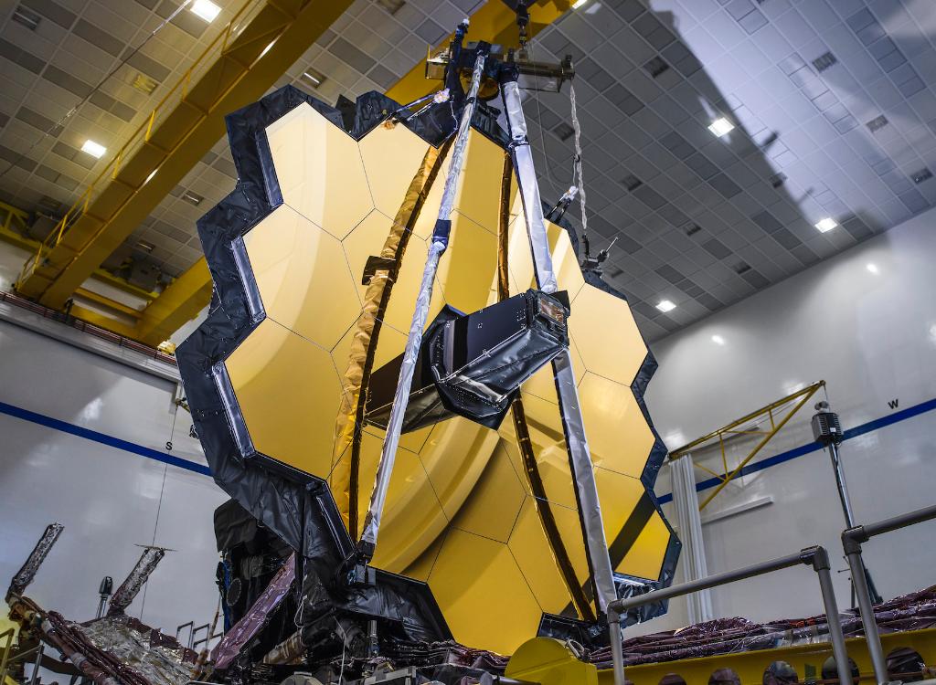The photo shows the golden mirrors of the James Webb Space Telescope. 