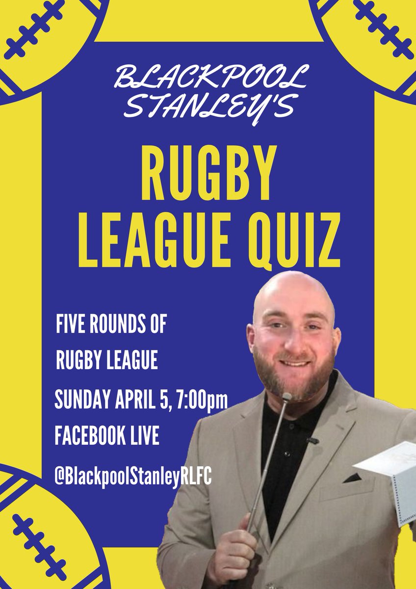 Blackpool Stanley RL (@bplstanleyrl) on Twitter photo π QUIZ NIGHT! π
Join us this Sunday over on our Facebook for the ultimate rugby league quiz, hosted by our very own <a href="/BTWhitehead92/">Brett Whitehead</a>! π€© π QUIZ NIGHT! π
Join us this Sunday over on our Facebook for the ultimate rugby league quiz, hosted by our very own <a href="/BTWhitehead92/">Brett Whitehead</a>! π€©