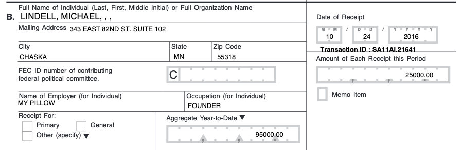 Question: How did Lindell land the White House briefing invite?FEC records show Lindell donated more than $200,000 to Trump’s campaign and Trump Victory PAC.Two of those donations.  https://www.fec.gov/data/receipts/individual-contributions/?contributor_name=Michael+Lindell&contributor_name=Mike+Lindell