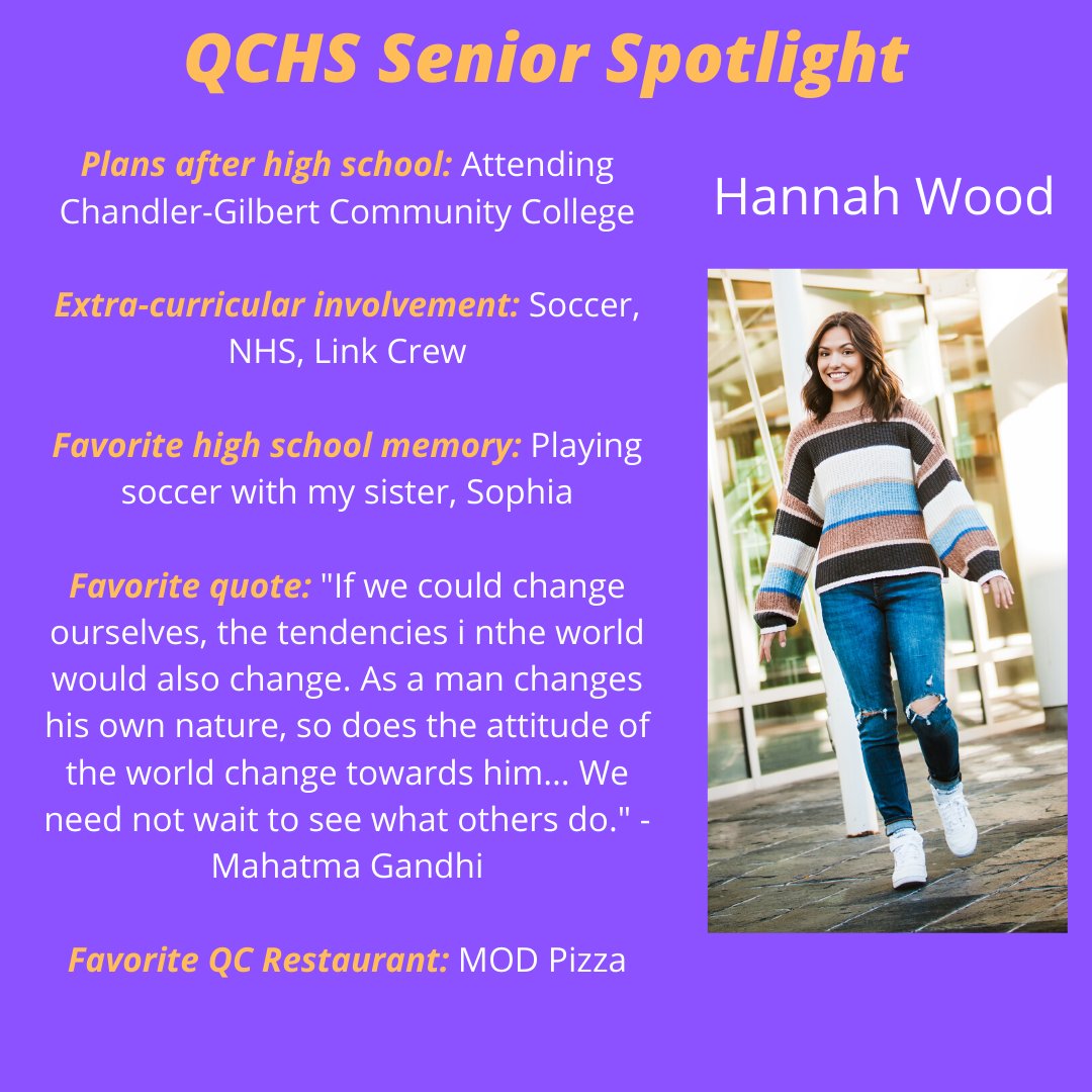 qcusd's tweet photo. SENIOR SPOTLIGHT: We would like to introduce you to the #QueenCreekHighSchool #Classof2020. Help us congratulate Hannah Wood!! #QCLeads #2020strong #QueenCreek https://t.co/bjgYEUHkb5