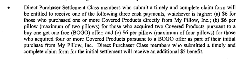 Another class action accused MyPillow of a bogus “Buy One Get One Free” promo on two standard/queen size pillows—refusing to honor the deal and instead offering a “discount” of a lesser amount.The settlement: $6 per member; $2 million max for lawyers  https://iapps.courts.state.ny.us/fbem/DocumentDisplayServlet?documentId=JGmvvFEeWSoKx_PLUS_z6jlNRoQ==&system=prod