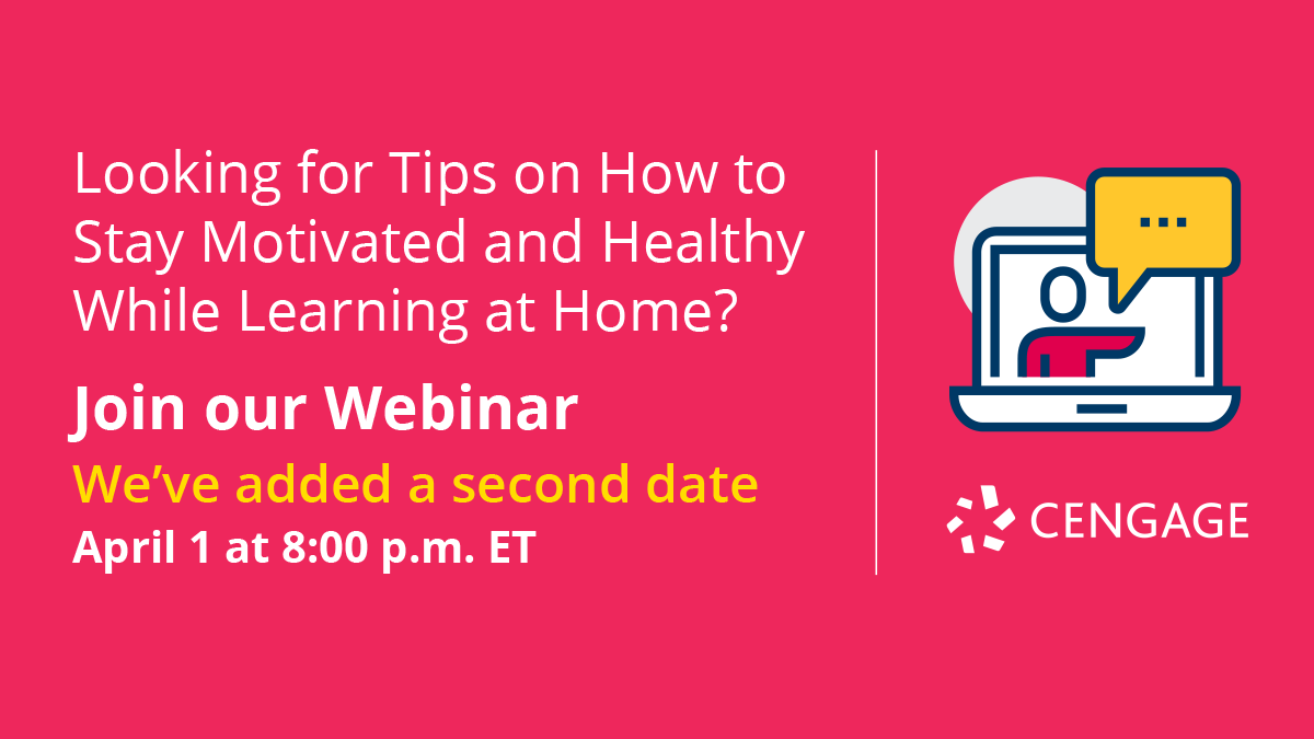 CengageHelp's tweet image. Last call! Join our free live webinar today at 8pm ET for advice from health experts and students on staying healthy and motivated while taking classes at home. Register here &amp;gt;&amp;gt; bit.ly/341M4w5
